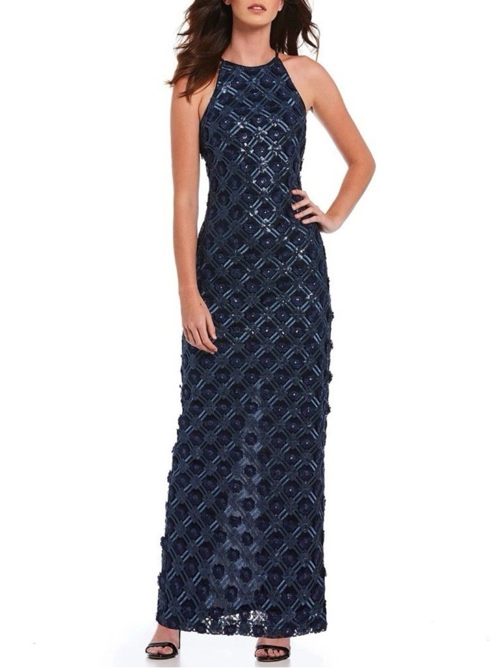 Belle Badgley Mischka Sapphire 3D Geometric Floral Blue Sequin maxi Dress 4 blue